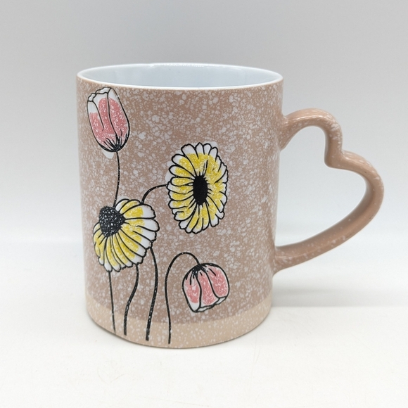 Gibson Home Tan Yellow Pink Floral Ceramic Heart Handle Coffee Mug - Picture 1 of 8